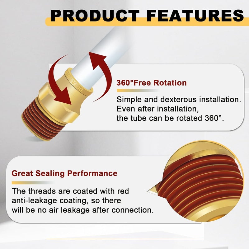 Siptenk 1/4" DOT Brass Push to Connect Air Line Fittings 5 PCS, 1/4" OD Tube x 1/4" NPT Thread Air Brake Line Quick Connect Fittings for Truck Trailers Industry Air System - Image 3